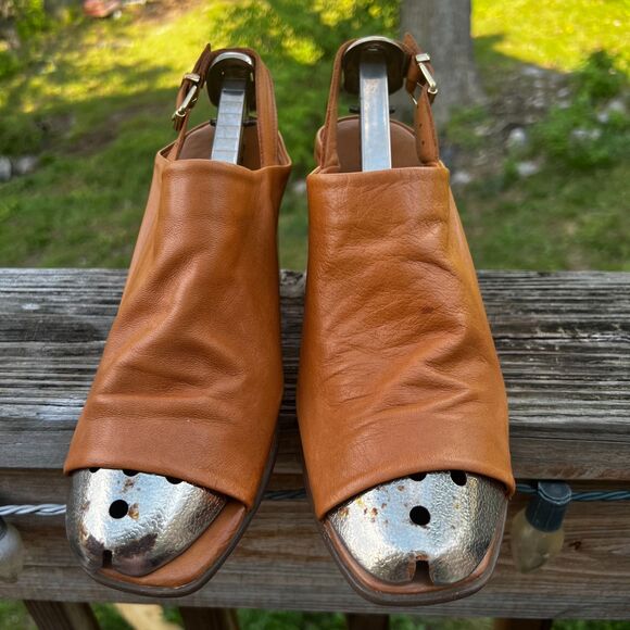 Aldo Brown Genuine Leather Peep Toe Chunky Heel Ankle Strap Size 8.5 Wood Heel - Picture 3 of 12